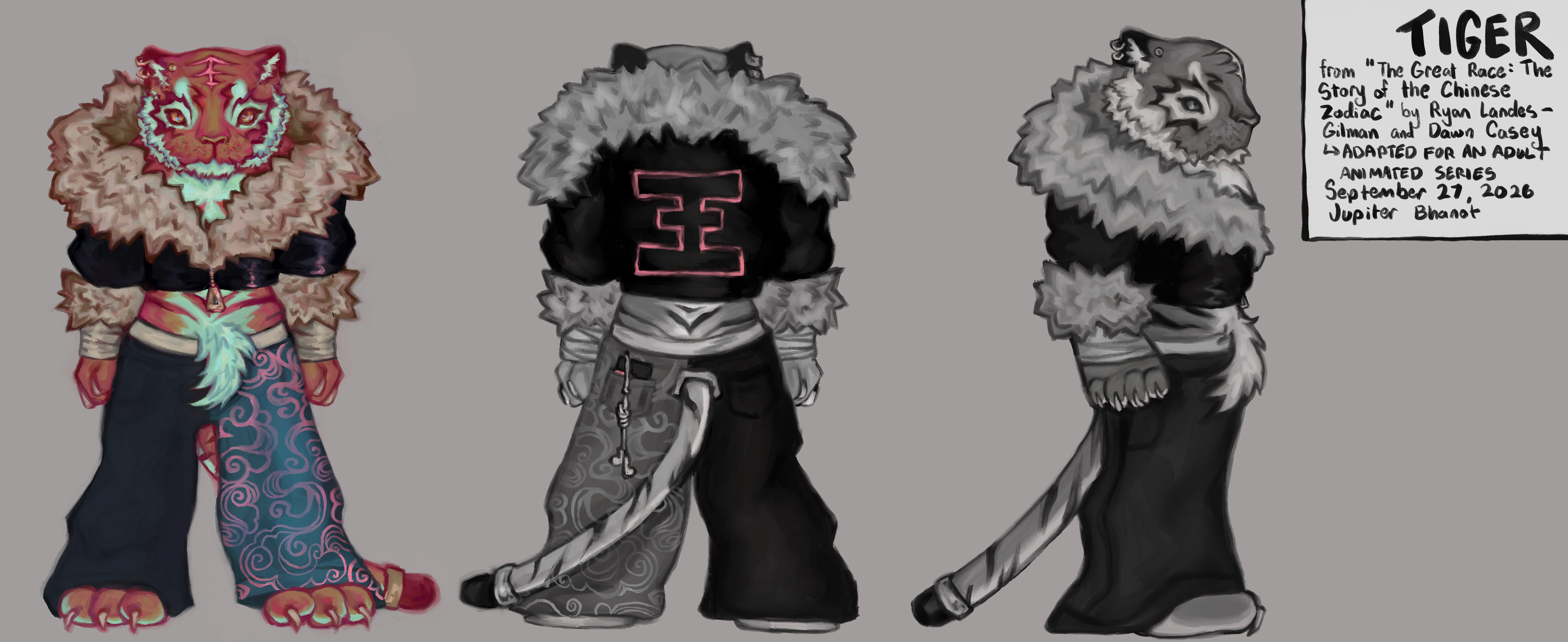 A turnaround of an anthropomorphic tiger wearing a puffy cropped jacket and two toned pants.