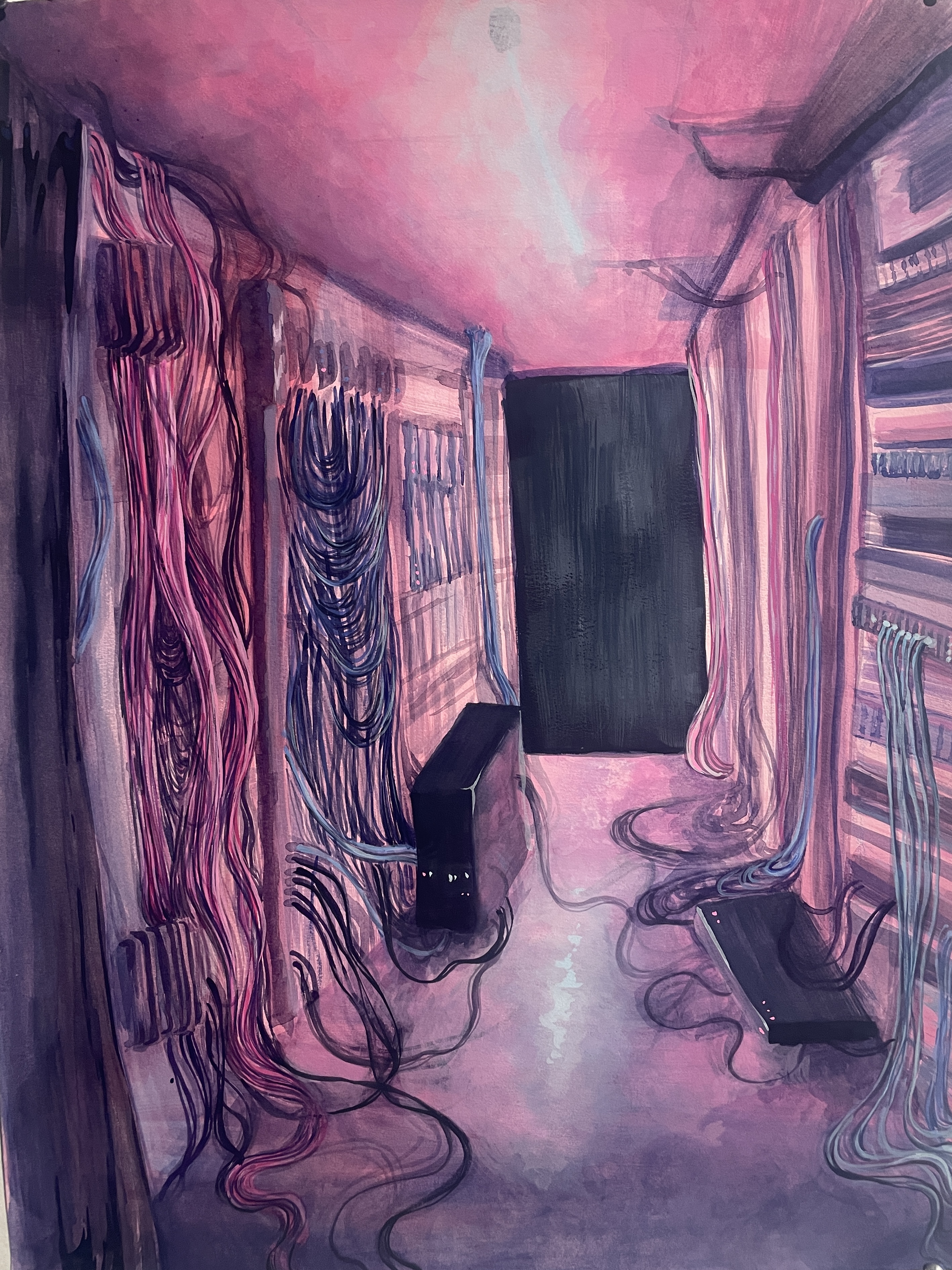 A server room painted in perspective, using shades of purple, pink, and blue. The cables are tangled and flowing,
						resembling hair. At the end of the room, there is a large grey rectangle.