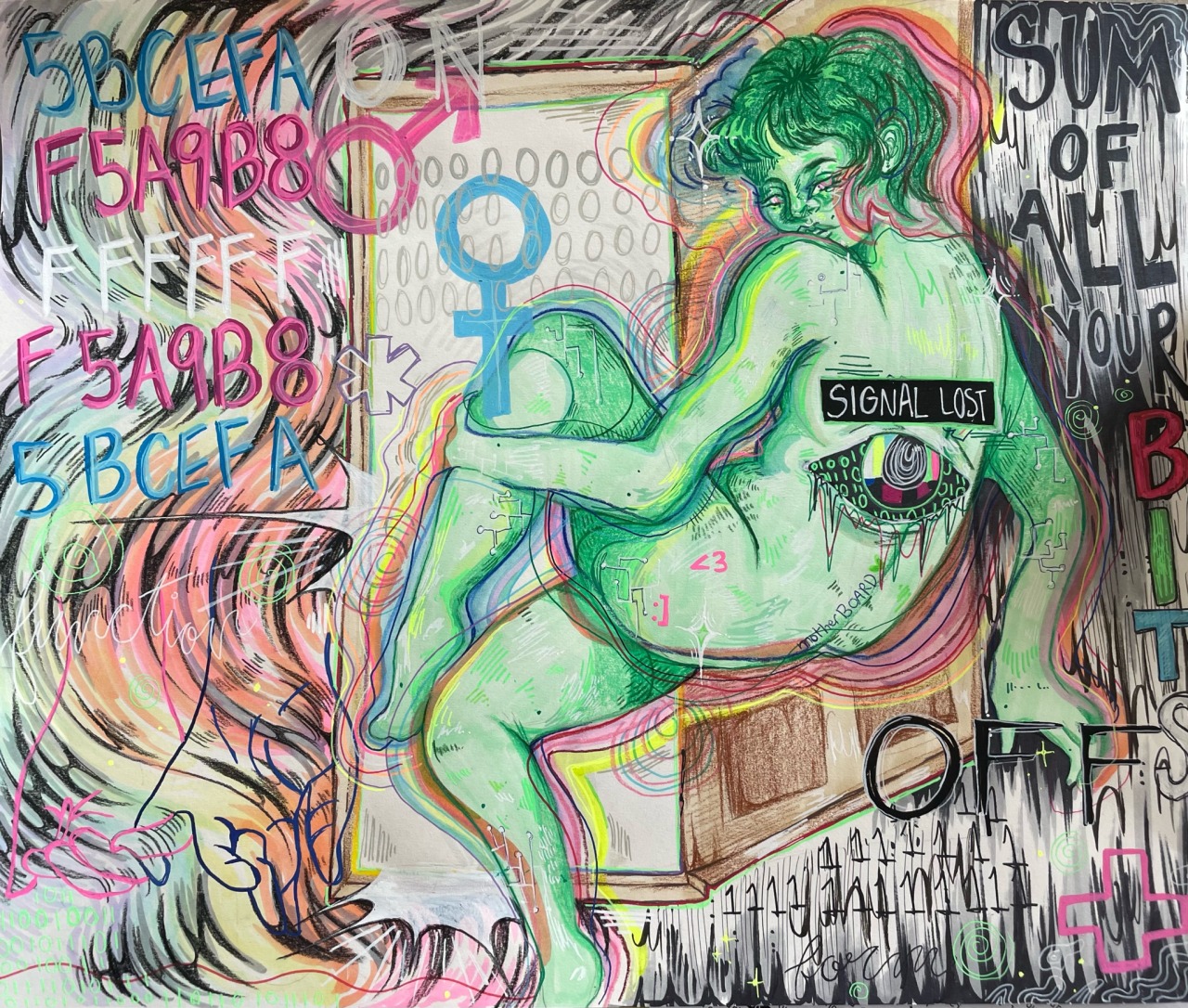 A nude figure rendered in shades of green, with a rainbow halo effect around their whole body. They are floating with one knee raised and their back to the viewer, turning their head to look over their shoulder. They have an eye on their back, with the words 'SIGNAL LOST' above it. The background consists of multicolored swirls and the words 'SUM OF ALL YOUR BITS'. 