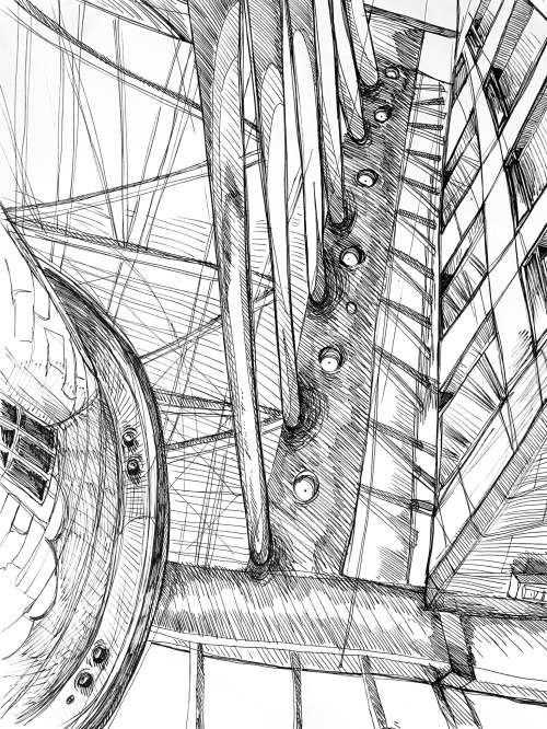 A loose black and white ink sketch of the interior of Goldwin Smith Hall.