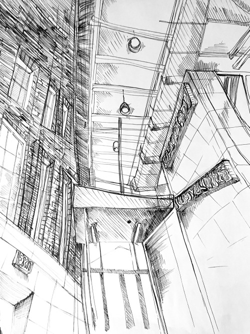 A loose black and white ink sketch of the interior of Goldwin Smith Hall.