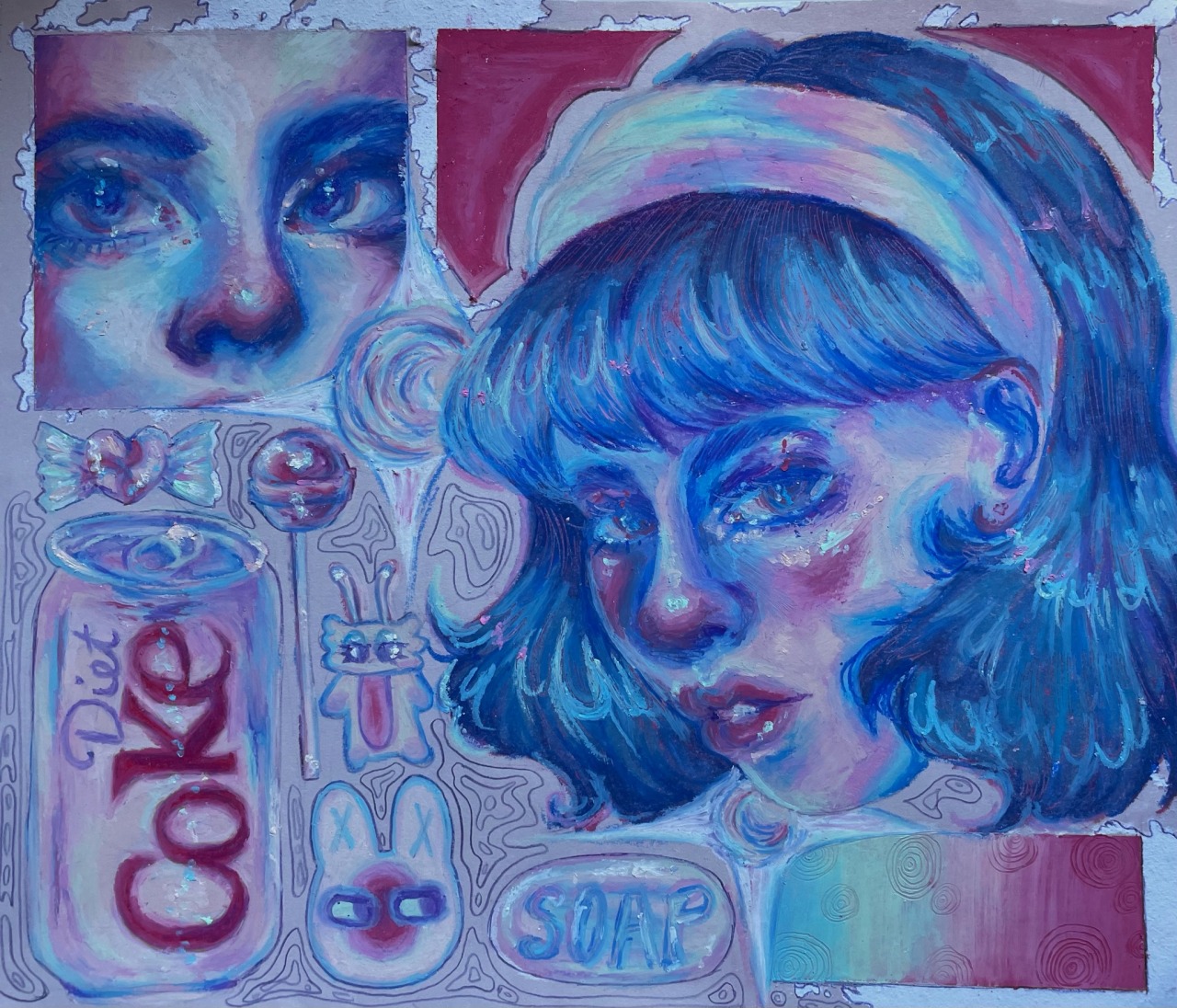 A woman's face at a three-quarter angle, rendered in shades of pink, blue, and green. A closeup of her eyes cropped to a square is in the upper left corner. In the bottom right of the image,
					a can of diet coke, a heart-shaped wrapped candy, a lollipop, a bar of soap, and two alien looking creatures are rendered in the same colors as the face.