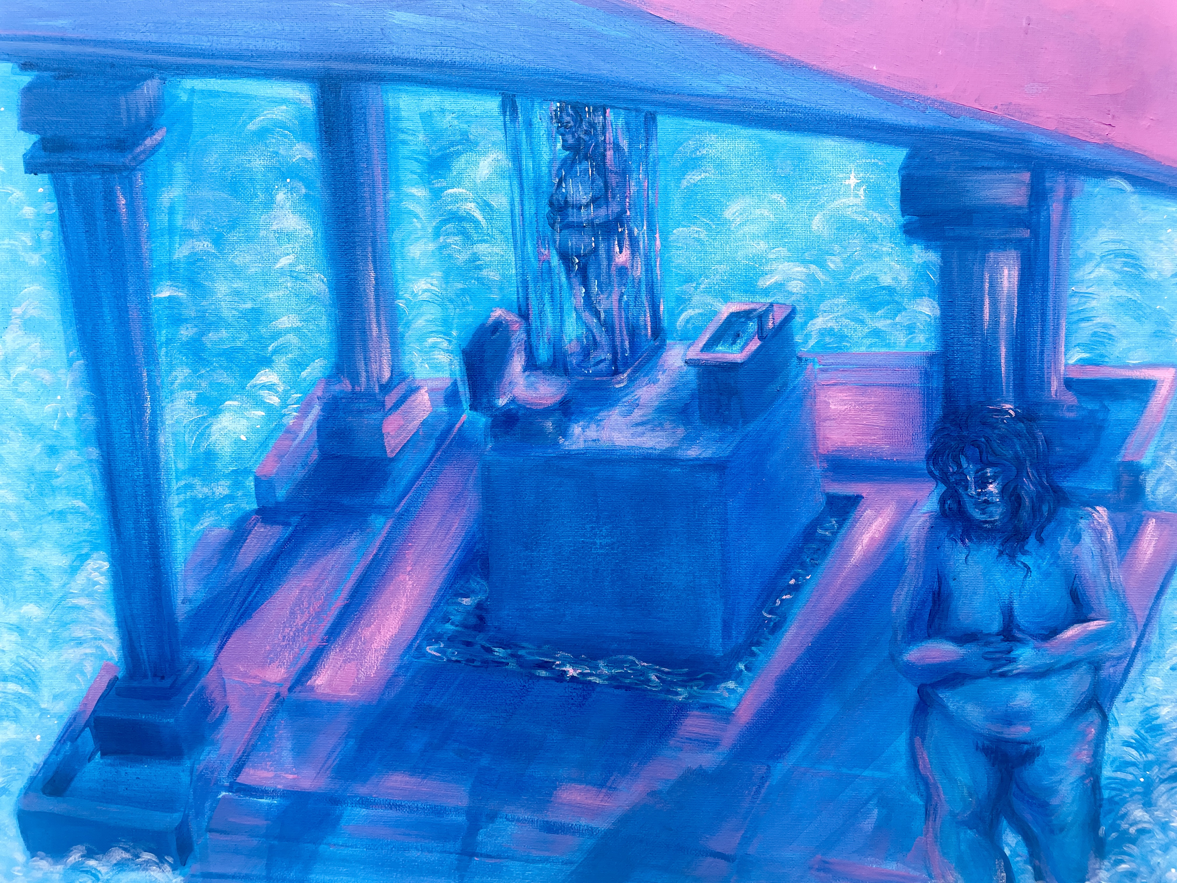 A blue and pink painting of a classical-looking structure, with an elevated bathroom inside. A figure stands outside the structure, 
						gazing in.