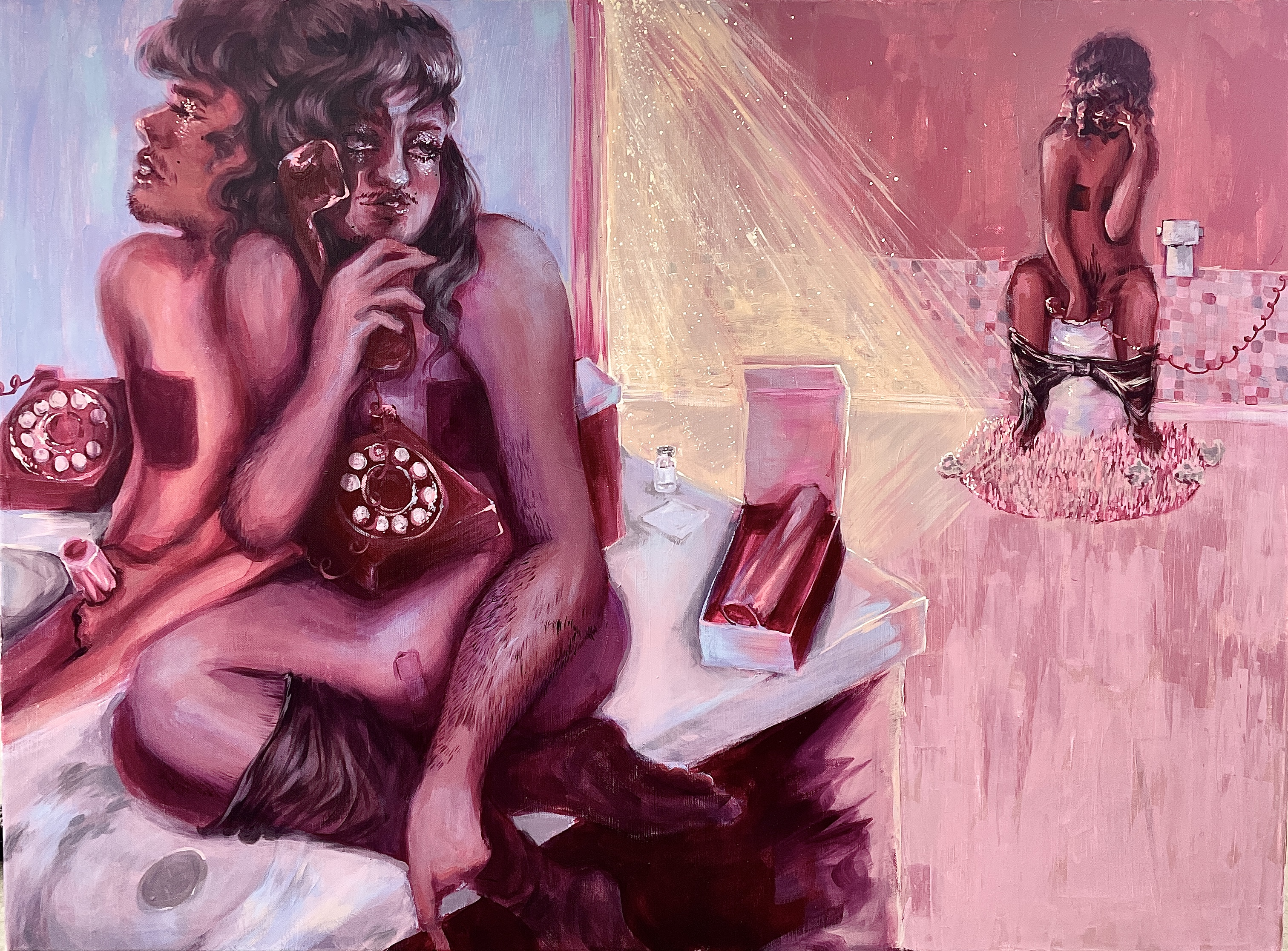 Three versions of a figure sit in a bathroom. One sits on the counter, talking on a rotary phone. They are surrounded by 
						an open box with a sex toy inside, a vial of testosterone, and a sharps bin. Behind them is a mirror, where they are reflected 
						using the sex toy. In the background, the figure sits on the toilet with their head in their hands, holding the rotary phone. Light streams in from behind the mirror.