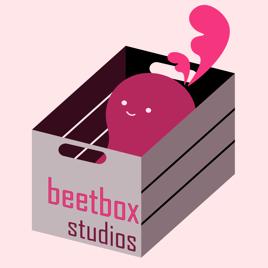 A cartoon-style vector graphic of a pink beet with a smiling face, sitting in a crate.