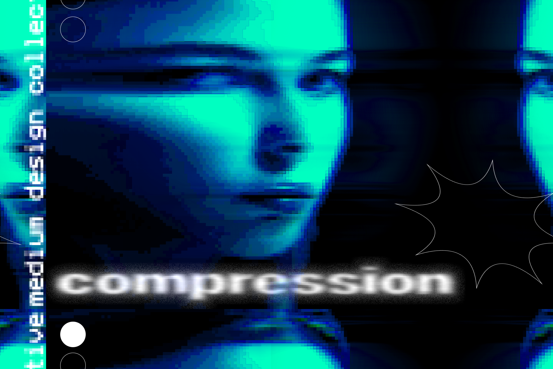 a woman's face in blue and green tones, smeared and pixelated. the word 'compression' is written in the bottom left corner in white text.