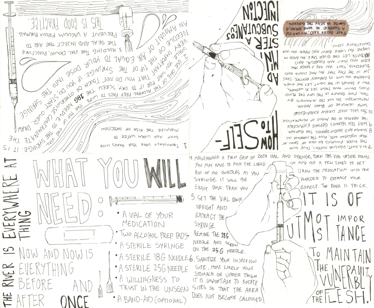 An 8-page foldable zine, unfolded and laid flat, titled 'HOW TO SELF-ADMINISTER A SUBCUTANEOUS INJECTION'. It is written
						and illustrated in black ink.