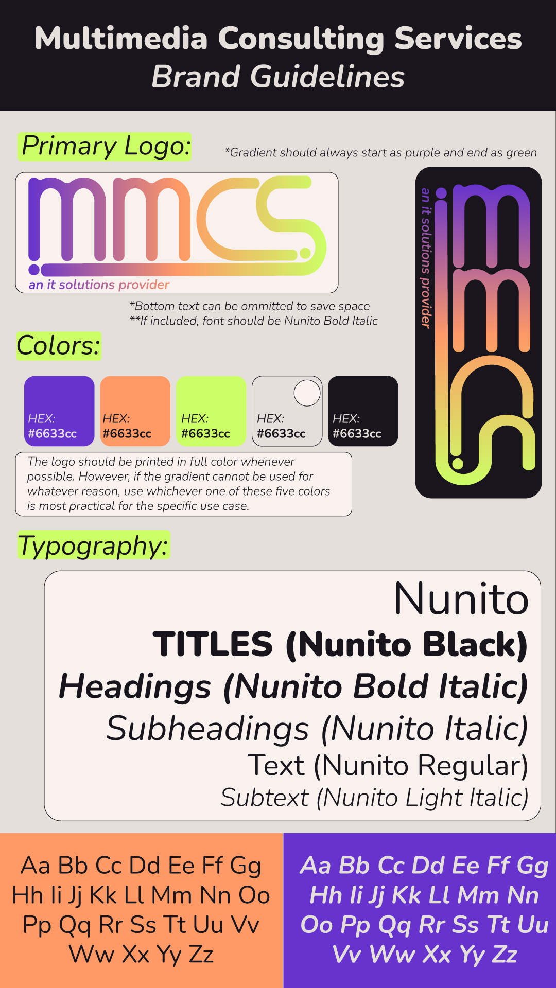 Logo, color, and typography guidelines for Multimedia Consulting Services.