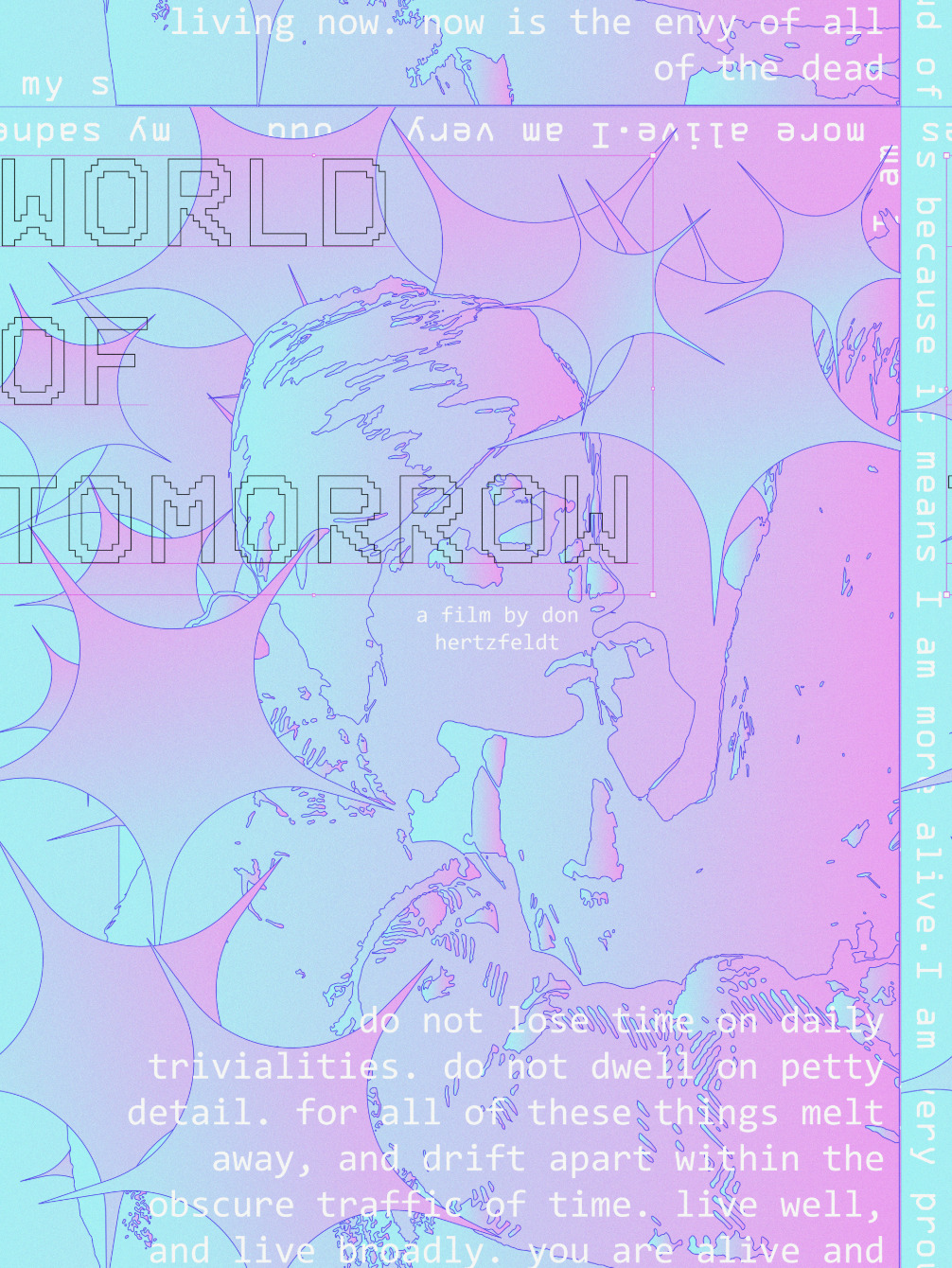 An abstract pink and aqua poster with the film's title, 'WORLD OF TOMORROW' written in a pixelated font.
