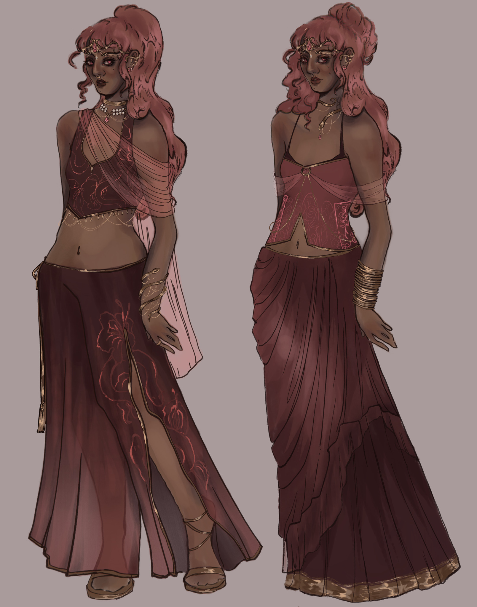 Two drawings of a woman with medium-dark skin and light pink hair. She is wearing South Asian inspired outfits in both drawings,
						with one having pants and a strapped corset blouse, and the other with a layered, ankle length skirt and sleeveless top.
