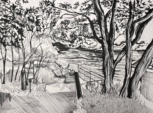 A black and white illustration of Beebe Lake in Ithaca, New York. The lake itself is in the background of the image, preceded by a pathway and some trees and foliage.