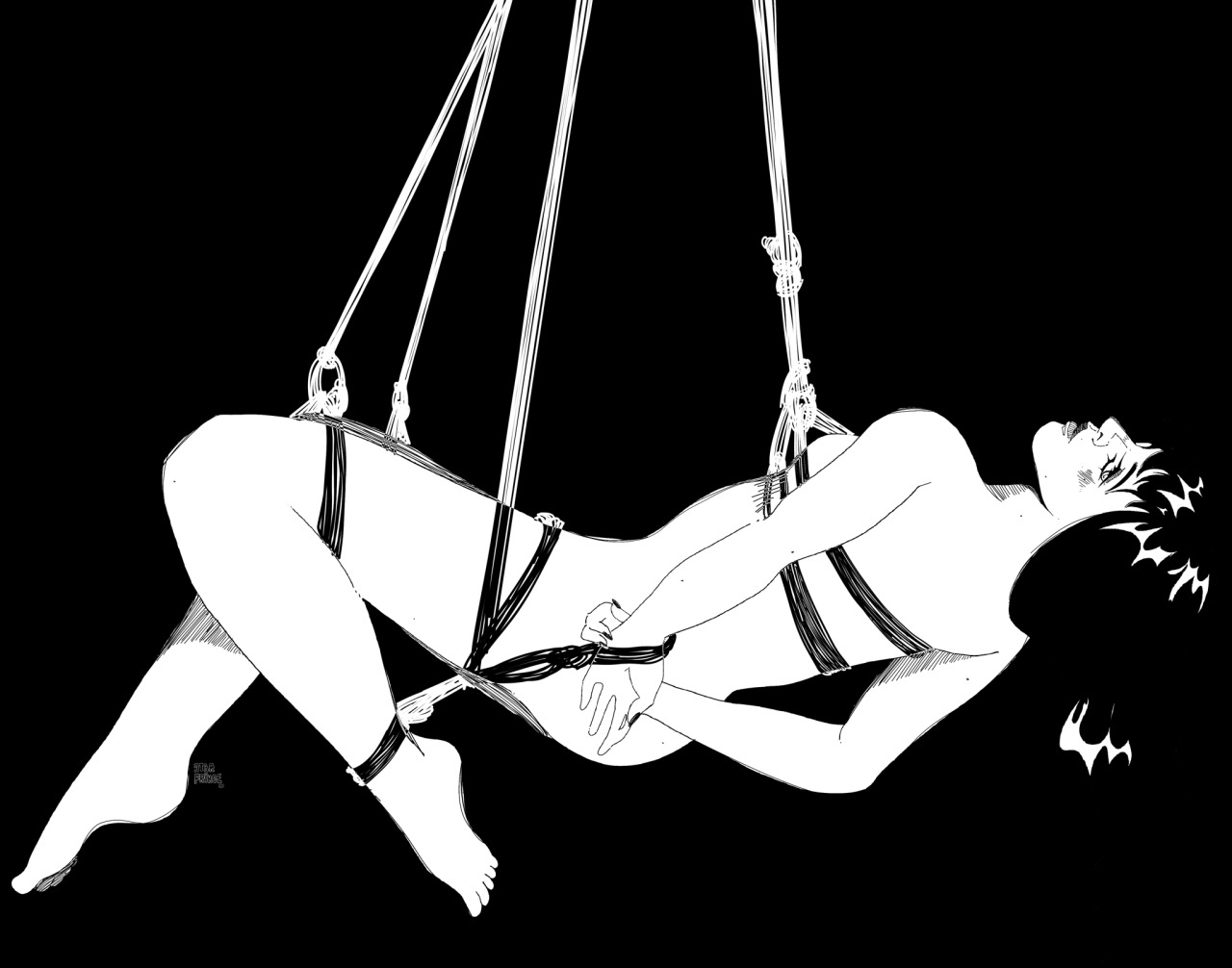 A black and white illustration of a nude woman, tied up and suspended in a reclining position. She has black hair that blends in with the 
						black background.