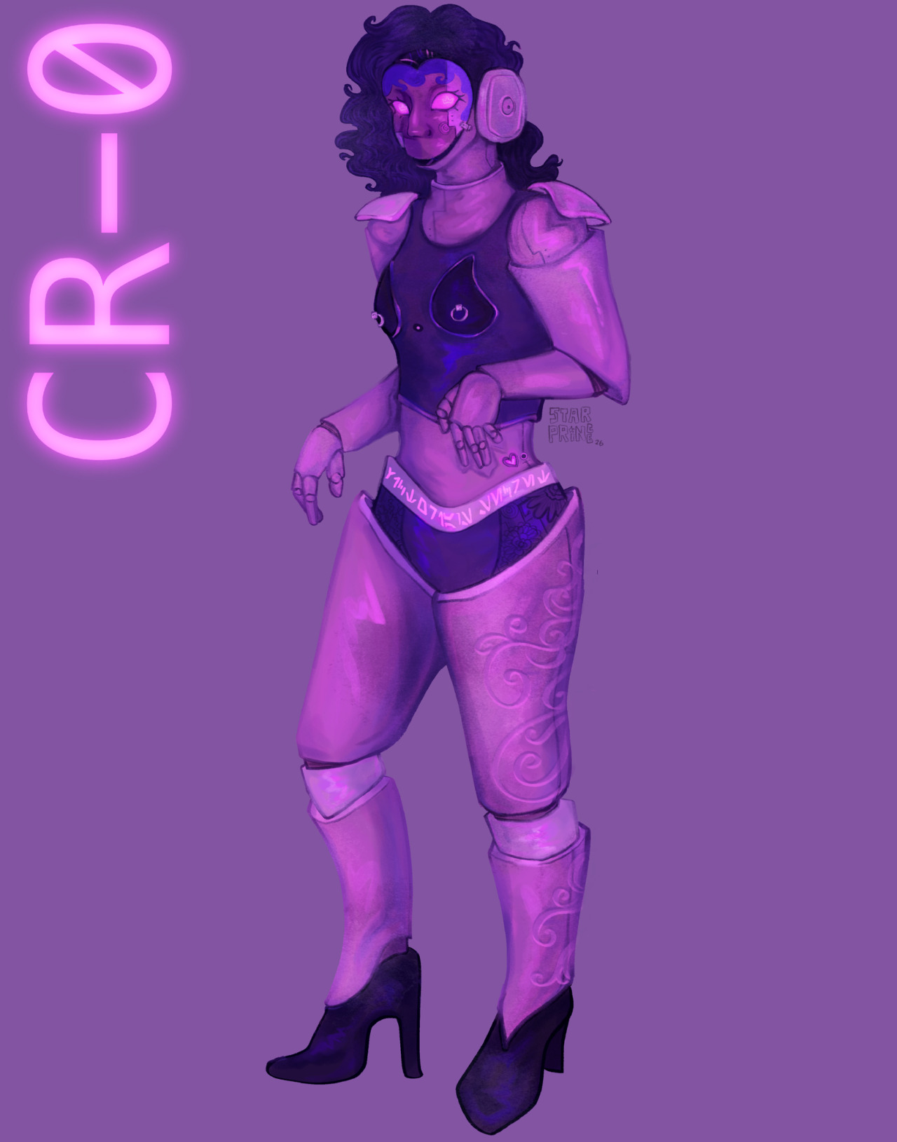 An illustration of a humanoid robot rendered in shades of pink and purple.