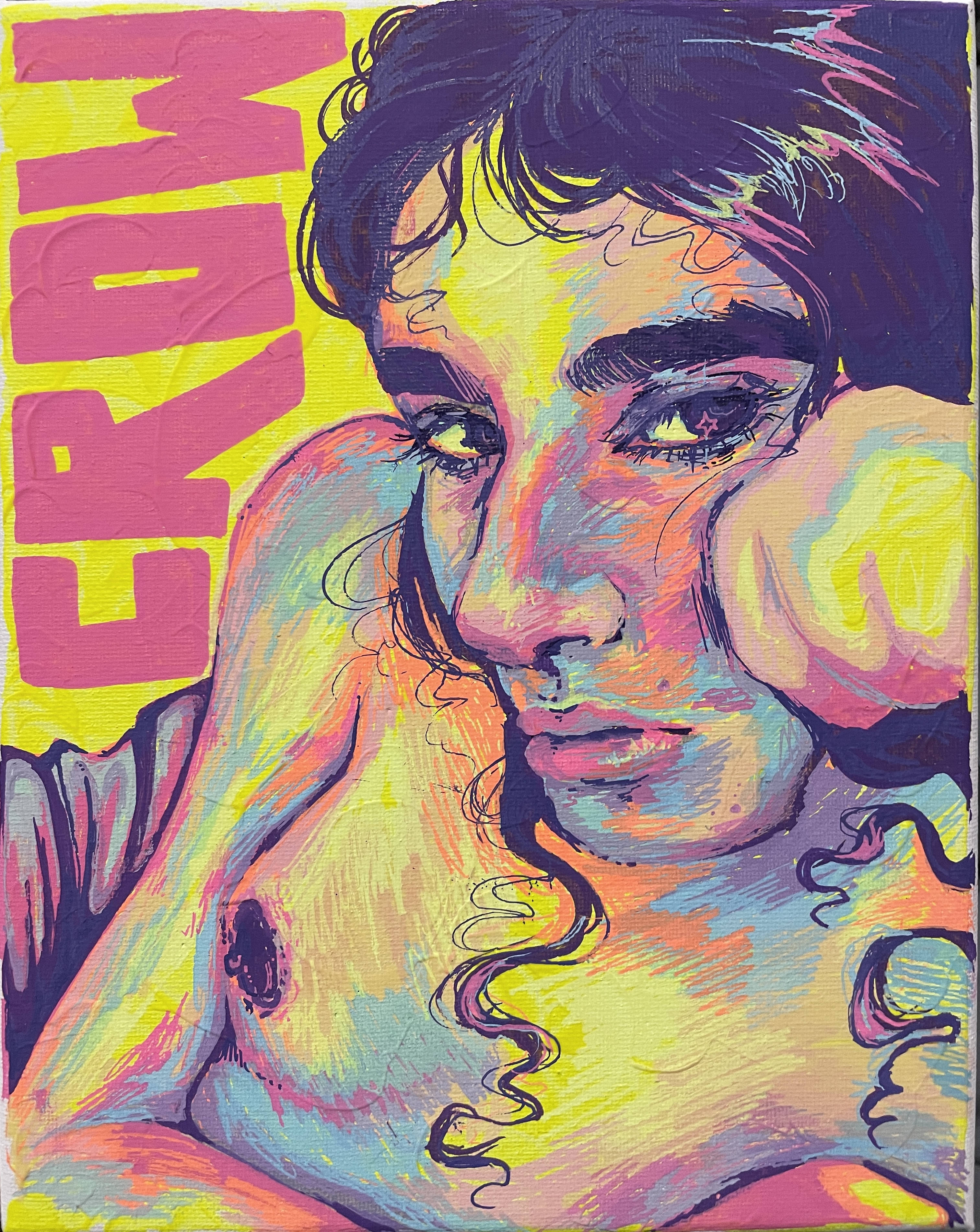 A portrait of a woman, rendered in purple, neon pink, neon orange, neon yellow, and blue. She is topless and leaning against her hand,
						looking to the right. The background is neon yellow, and the word 'CROW' is written vertically in bright pink block letters on the left side.
