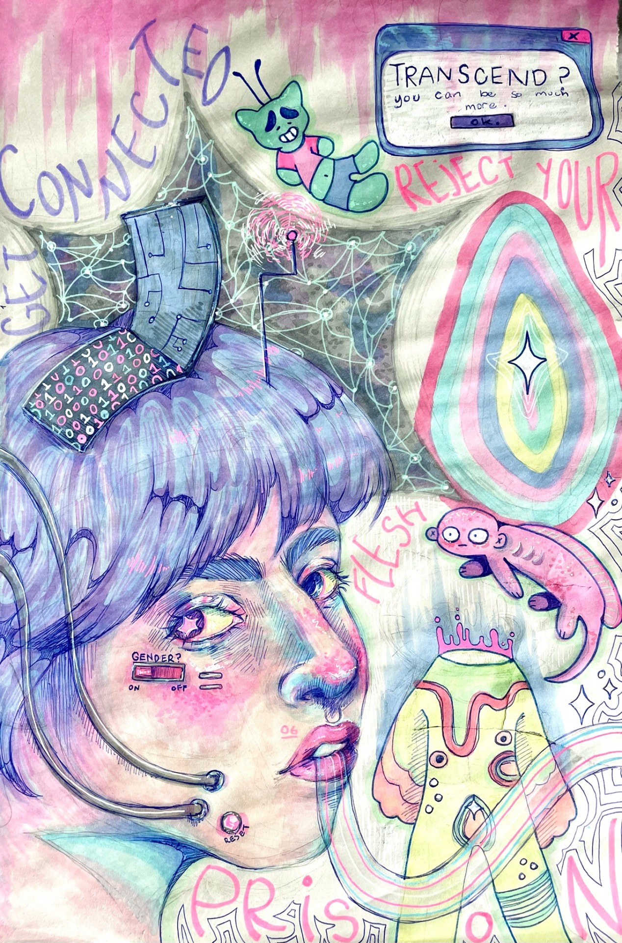 A person's face takes up the lower left corner of the image. It has cables, buttons, and switches embedded into it. The face is surrounded by abstract, colorful patterns, as well as floating alien-looking creatures. A drawing of a computer pop-up in the corner reads 'TRANSCEND? you can be so much more'. The words 'GET CONNECTED REJECT YOUR FLESH PRISON' are also written in the background of the image.