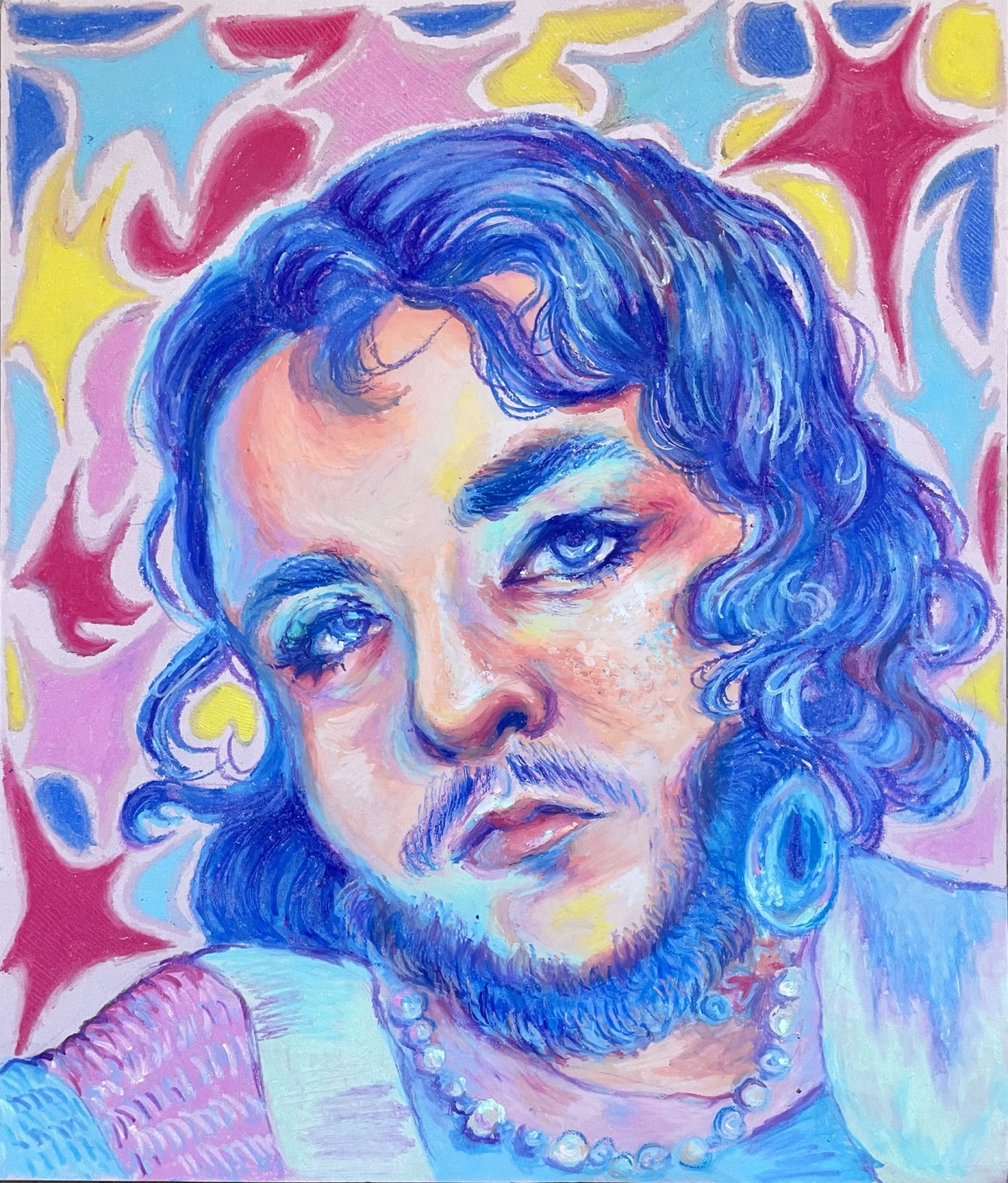 A portrait of a man rendered in pastel colors.