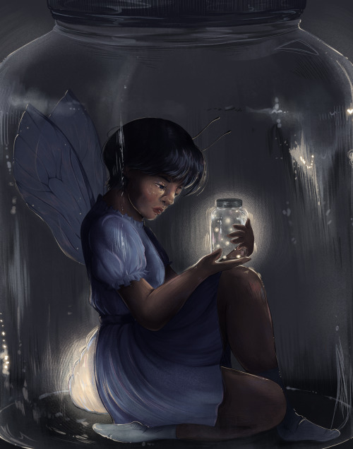 A young girl with firefly wings, antennae, and an appendage on her back resembling a firefly's lantern. She is sitting in a large jar, holding a smaller jar of fireflies in her hands and looking into it.