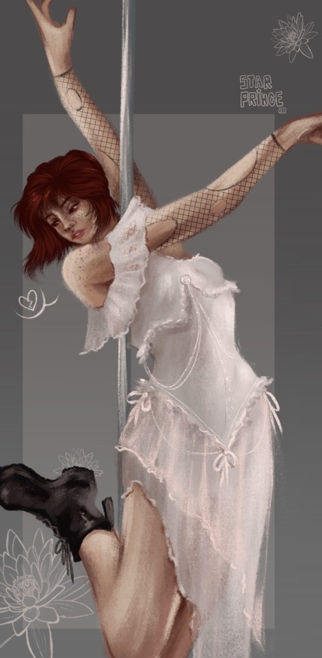 A red-haired woman dancing around a pole. She is wearing a long, off-the-shoulder white dress, with ribbon detailing and several layers of fabric, as well as black boots and fishnet arm warmers. 