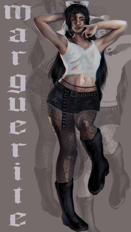 A black-haired woman posed with her hands on her head and one knee raised, as if mid-step. She is wearing a translucent light grey top, and a denim miniskirt, with gold jewelery, a white hair bow, black boots, and a black belt. To the right of the image, 'marguerite' is written vertically in light grey.