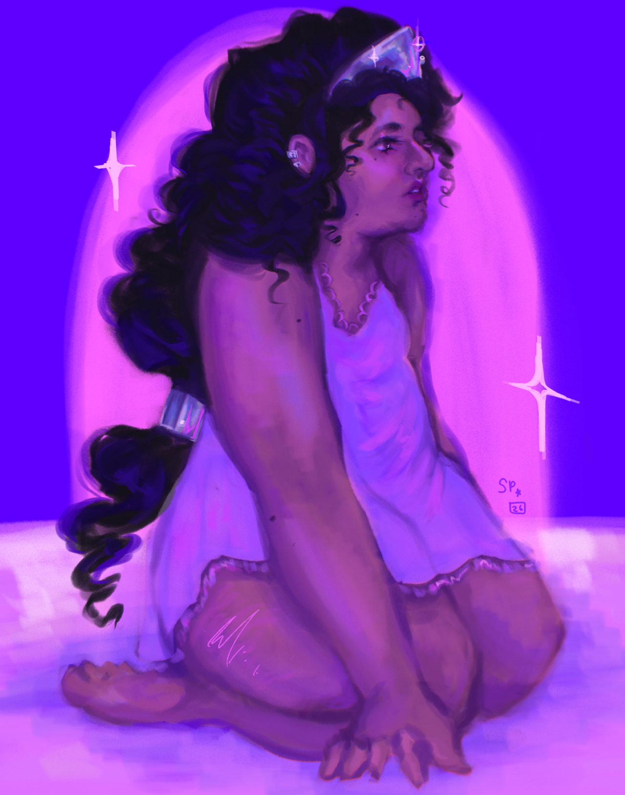 An illustration of a woman with black, curly hairin a purple babydoll dress, kneeling on the ground. she is wearing a silver tiara.