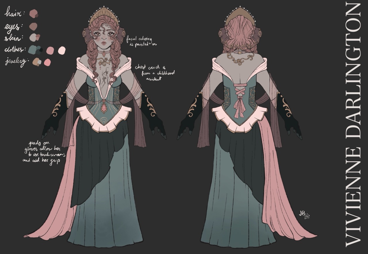A turnaround of a woman with dull pink hair, grey skin, and brown-grey eyes. She is wearing a dark teal dress with pink and gold accents, as well as a gold tiara.